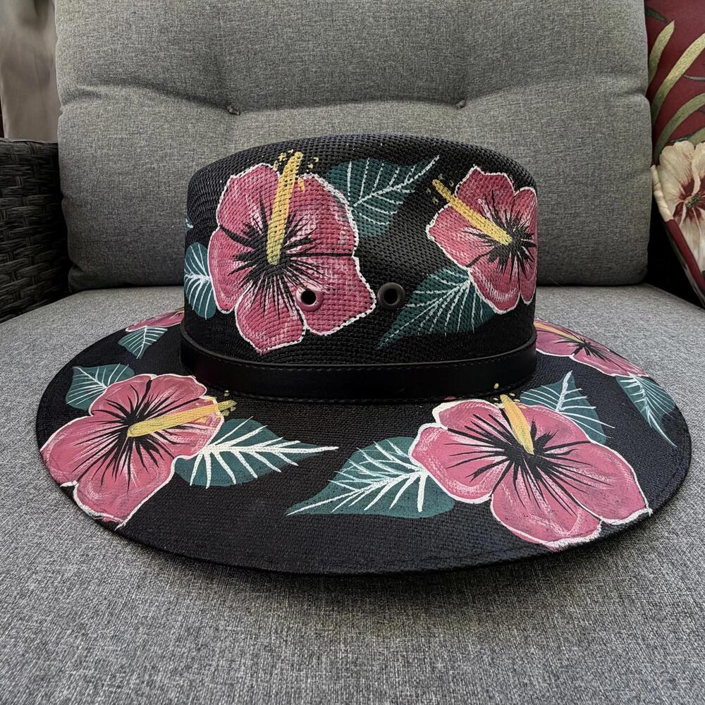 NWOT Mexican Artisan Hand-Painted Black Straw Hibiscus Fedora size M